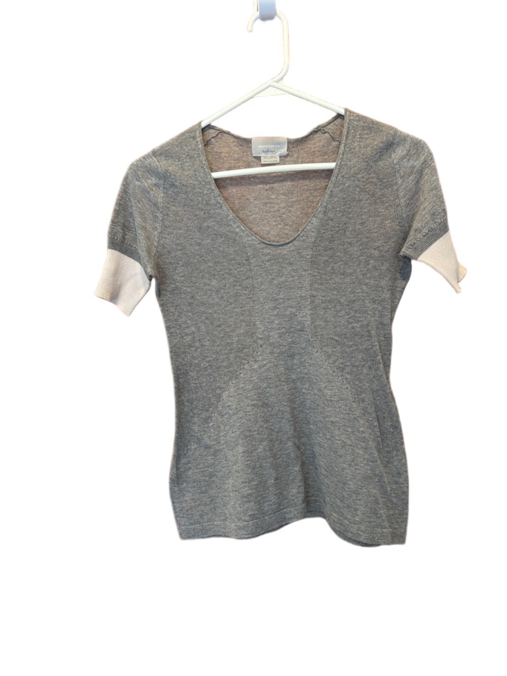 M.Patmos 100% Cotton Fitted Grey Short Sleeve V-Neck Top w/ Cream Sleeves XS